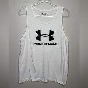 Under Armour White Tank with Black Logo Print Heatgear Medium